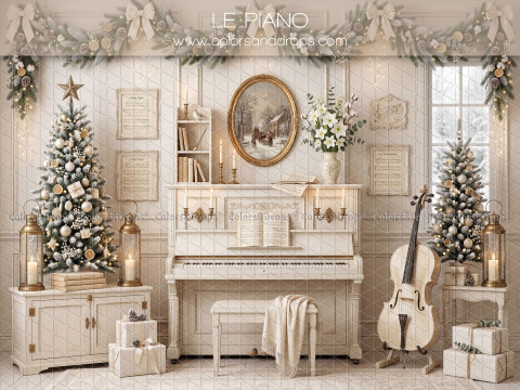 Fond photo de Noël Le Piano – salon de Noël crème avec piano et violoncelle | Colors&Drops
