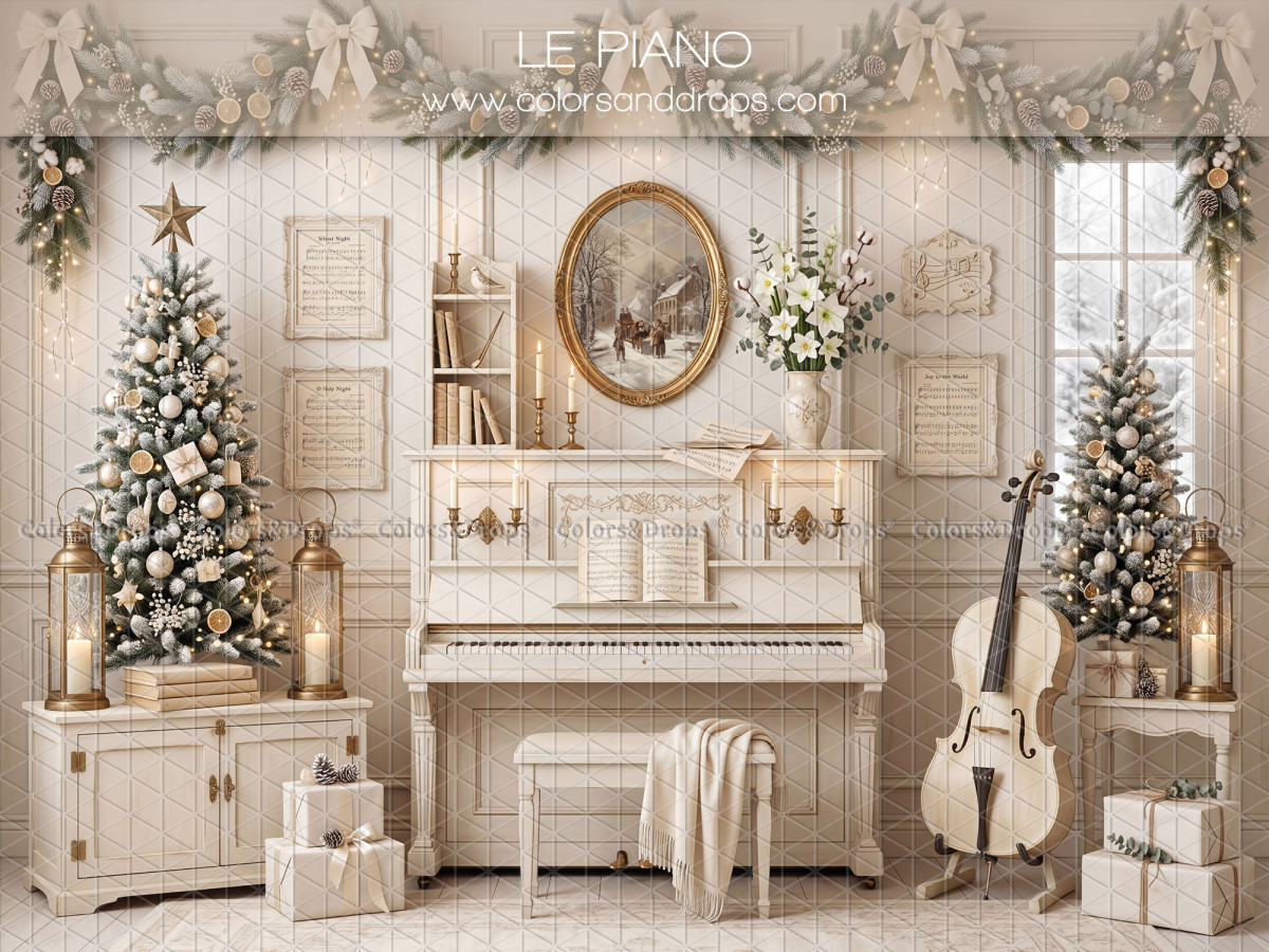 Christmas photo backdrop Le Piano – cream Christmas living room with piano and cello | Colors&Drops