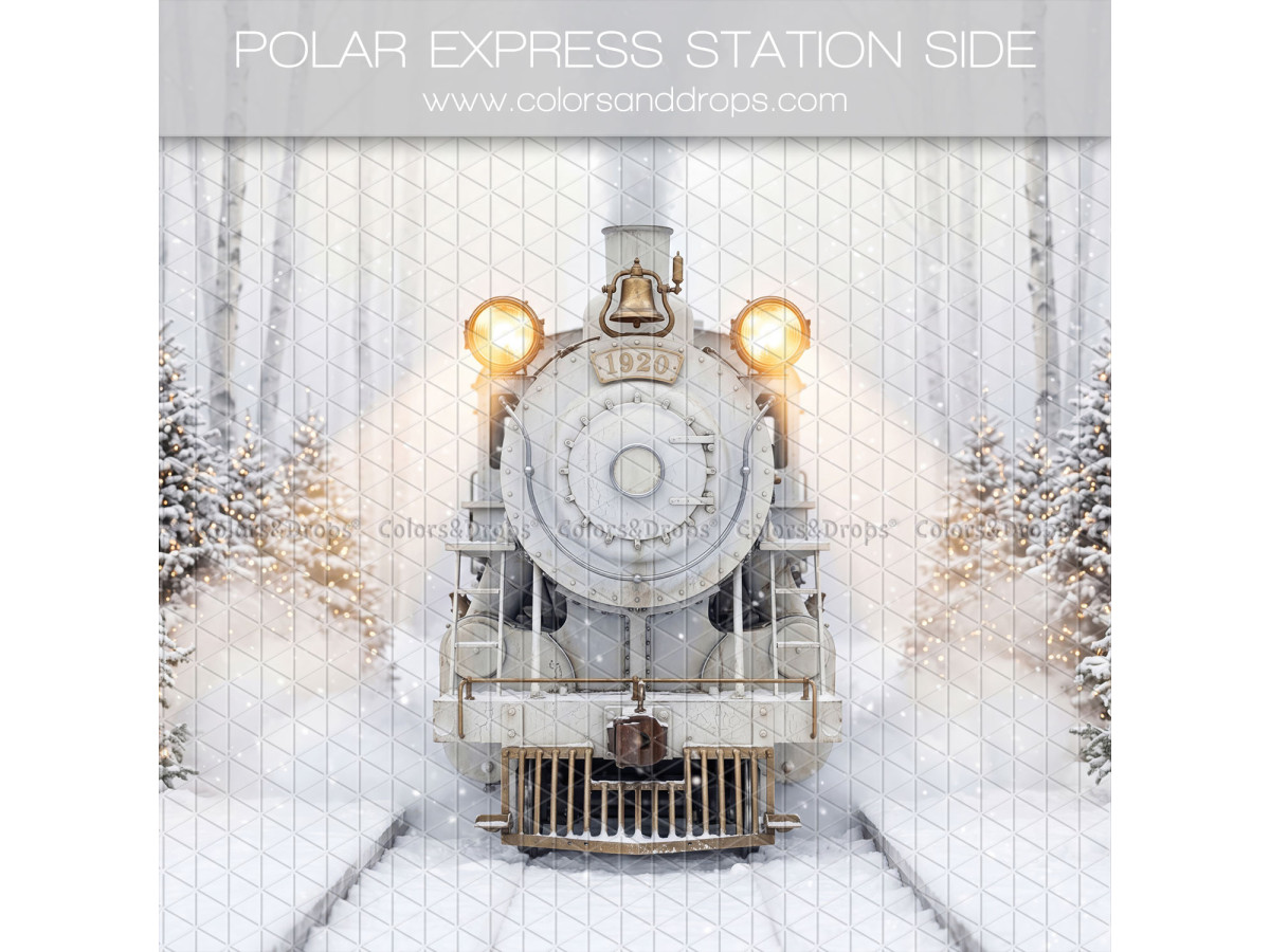 Fondo fotográfico lateral de Navidad Polar Express Station Side – locomotora blanca en bosque nevado de frente | Colors&Drops