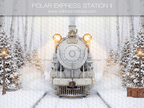 Fondo fotográfico de Navidad Polar Express Station II – locomotora blanca entre abetos nevados | Colors&Drops