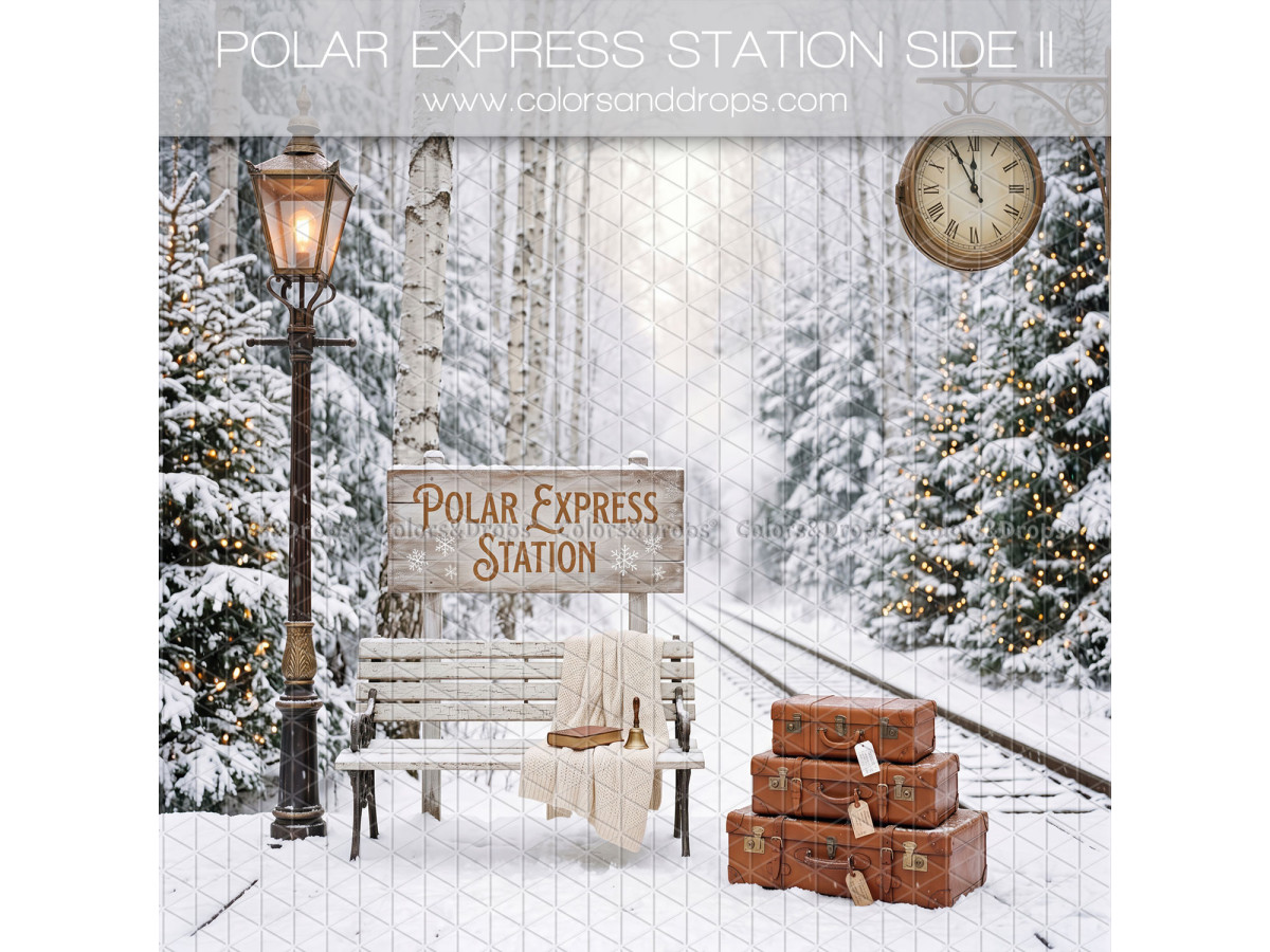 Fond photo latéral de Noël Polar Express Station Side II – quai de gare enneigé avec banc, horloge et valises | Colors&Drops