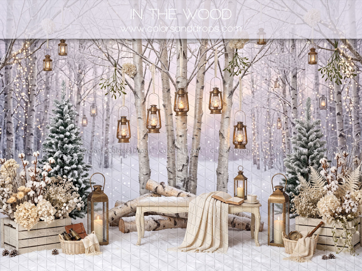 Christmas photo backdrop In the Wood – snowy birch forest with lanterns and bench | Colors&Drops