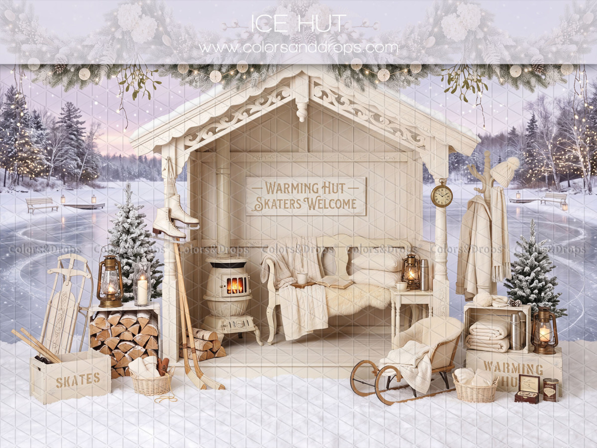 Christmas photo backdrop Icehut – snowy skating hut with bench and sled | Colors&Drops