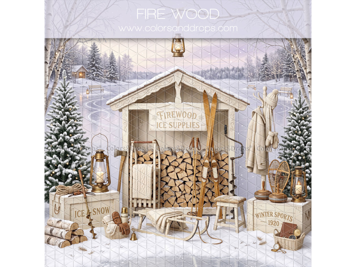Christmas side photo backdrop Fire Wood – snowy woodshed with logs and skis | Colors&Drops