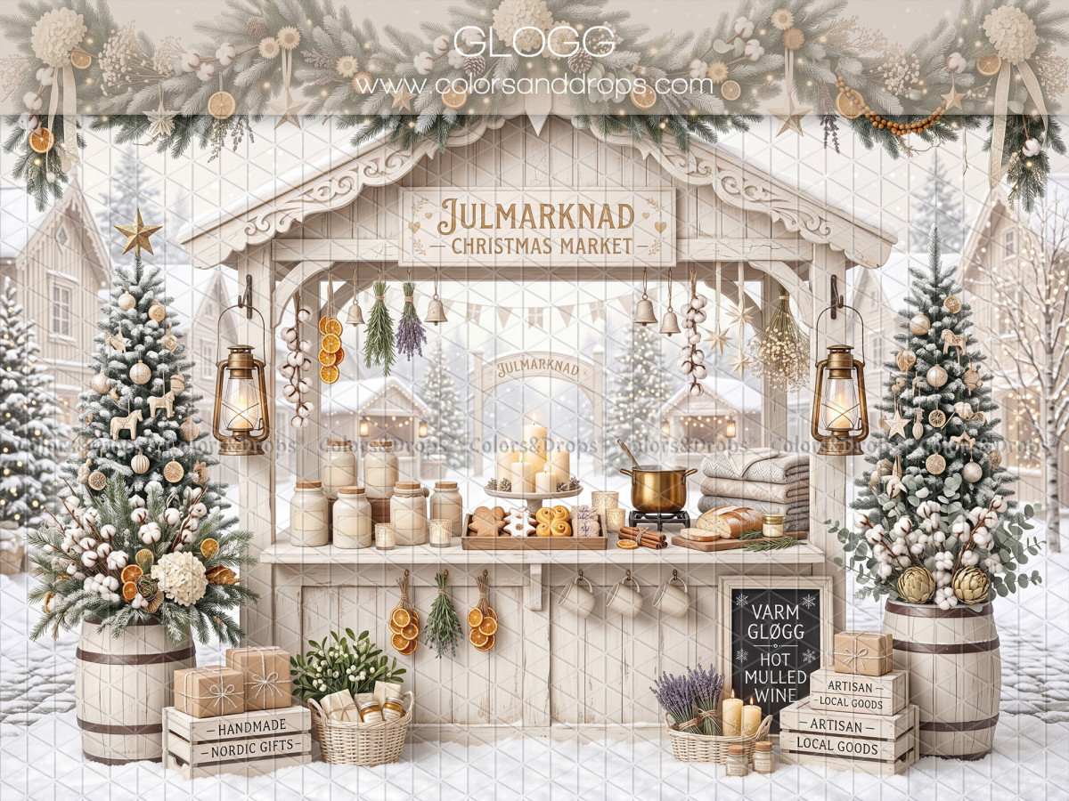 Christmas photo backdrop Glogg – cream Christmas market stall with trees | Colors&Drops