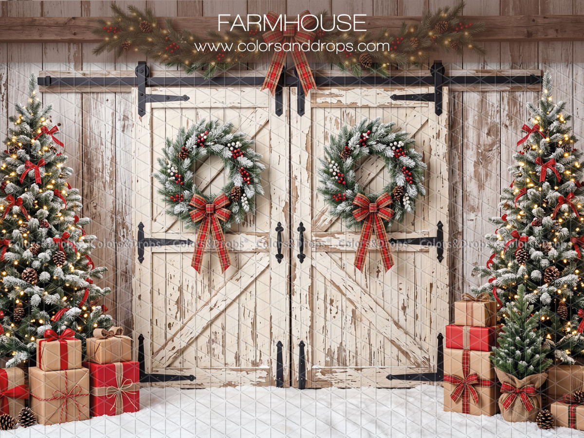 Fond photo de Noël Farmhouse – portes de grange en bois avec couronnes et cadeaux | Colors&Drops