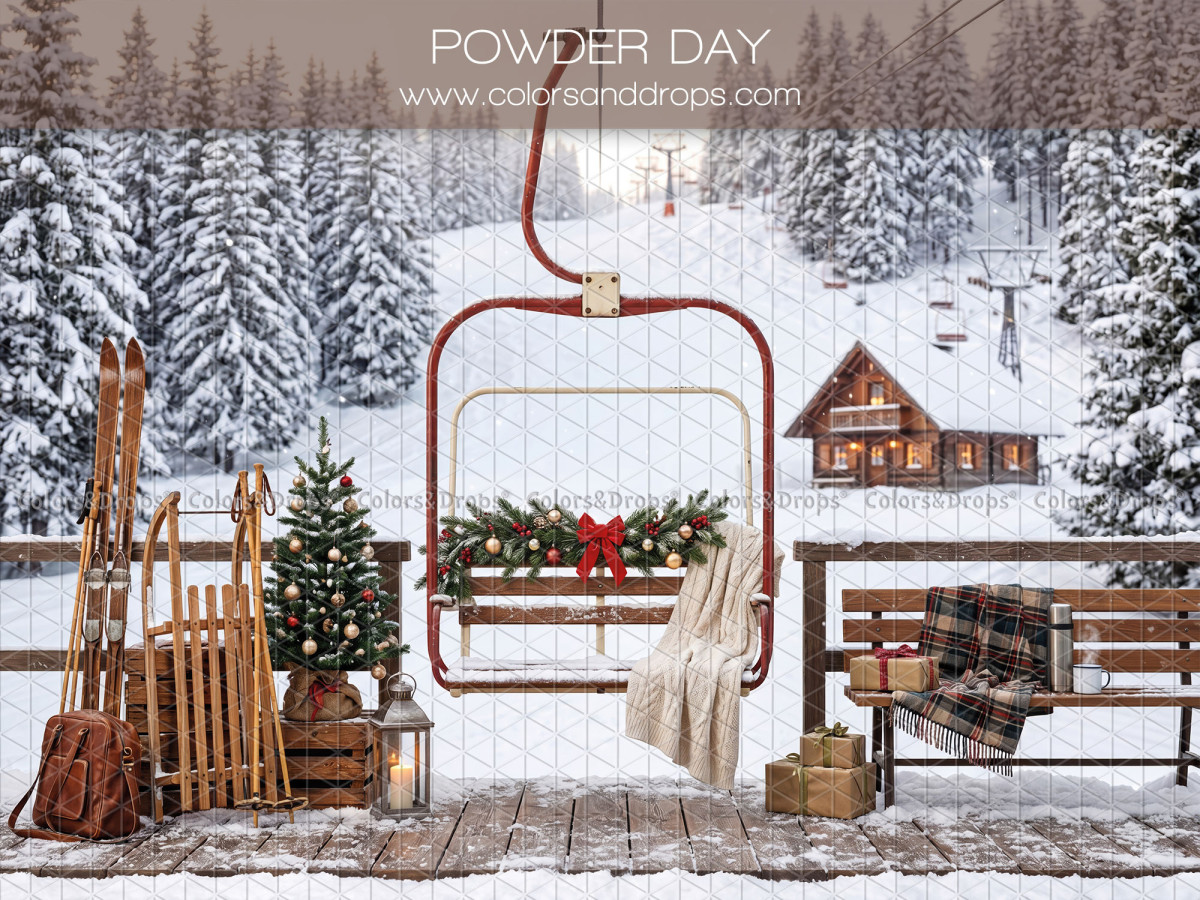 Christmas photo backdrop Powder Day – snowy chairlift with skis and chalet | Colors&Drops