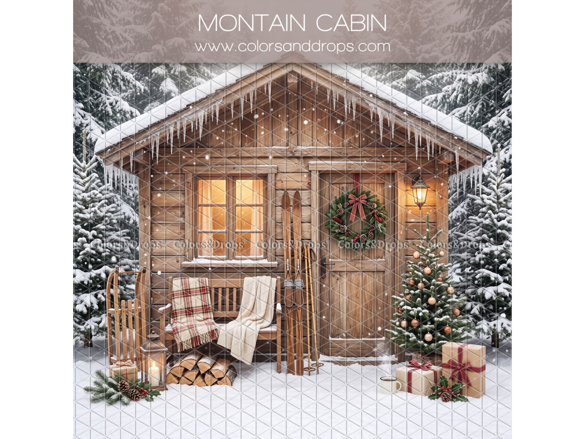 Fond photo latéral de Noël Montain Cabin – chalet de montagne en bois enneigé | Colors&Drops
