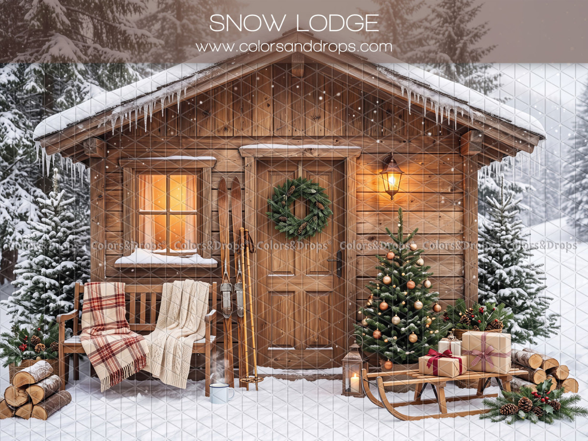 Christmas photo backdrop Snow Lodge – snowy wooden lodge with bench and sled | Colors&Drops