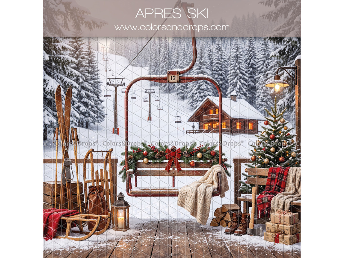 Christmas side photo backdrop Apres Ski – après-ski terrace with chairlift and skis | Colors&Drops