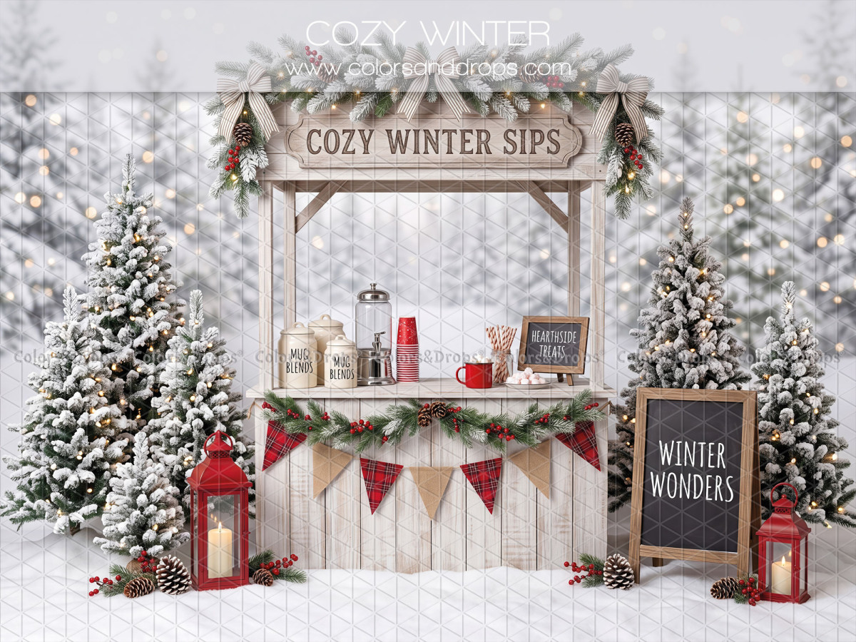 Christmas photo backdrop Cozy Winter – snowy winter hot drinks stand | Colors&Drops