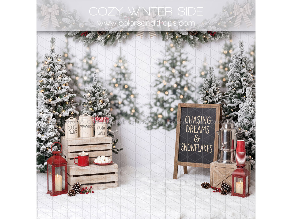 Christmas side photo backdrop Cozy Winter Side – snowy forest with crates, chalkboard and lanterns | Colors&Drops