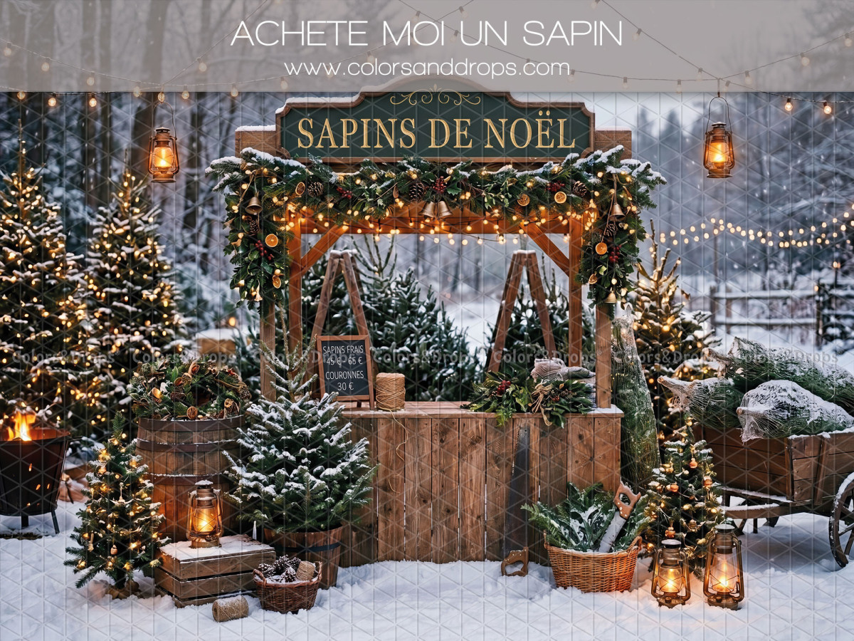 Christmas photo backdrop Achete Moi un Sapin – snowy Christmas tree sales stand | Colors&Drops