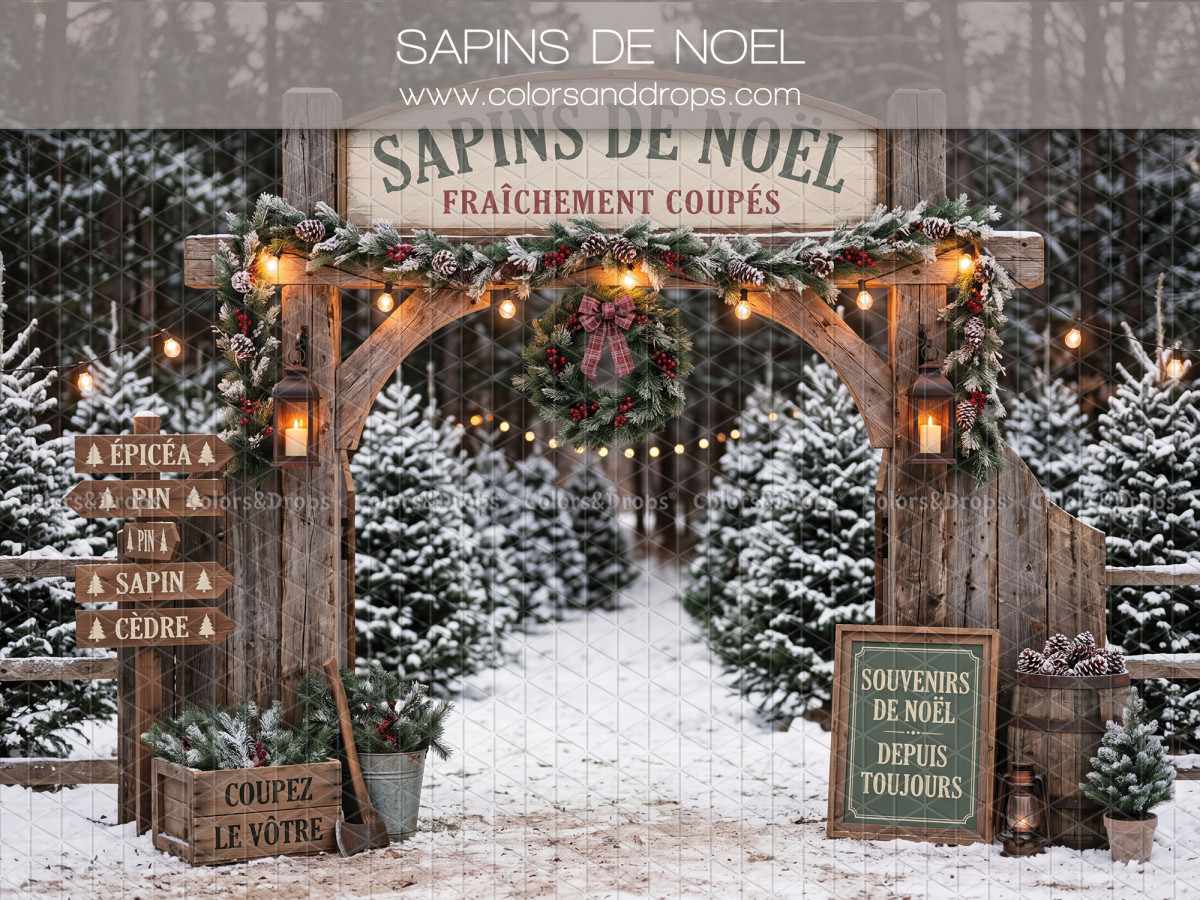 Christmas photo backdrop Sapins de Noel – Christmas tree lot entrance with wooden arch | Colors&Drops