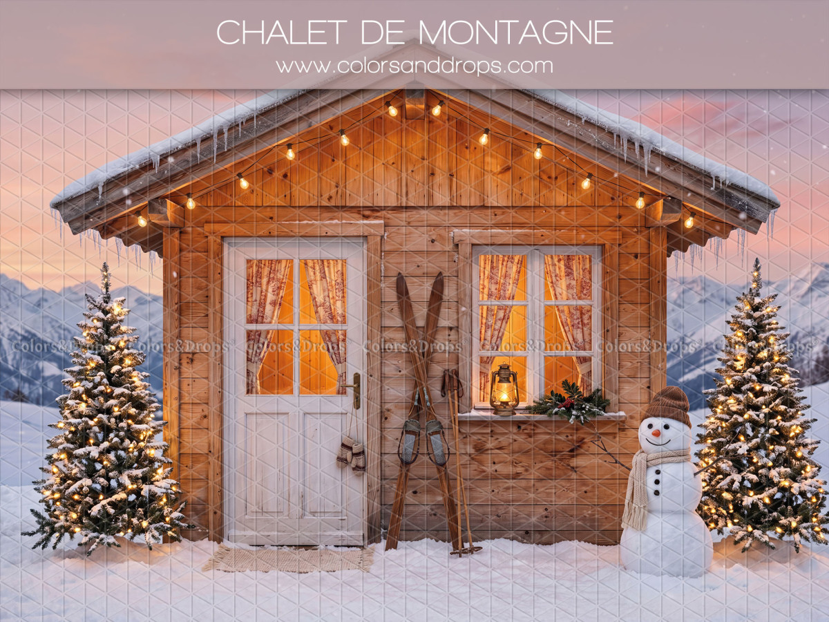 Christmas photo backdrop Chalet de Montagne – mountain chalet with snowman and skis | Colors&Drops