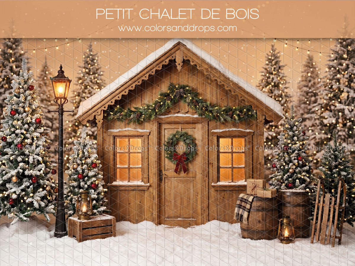 Christmas photo backdrop Petit Chalet de Bois – small wooden Christmas chalet with street lamp | Colors&Drops