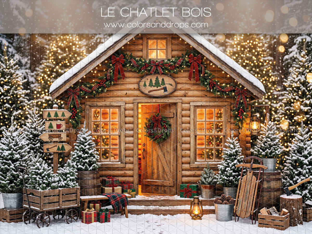 Christmas photo backdrop Le Chatlet Bois – lit Christmas log cabin | Colors&Drops