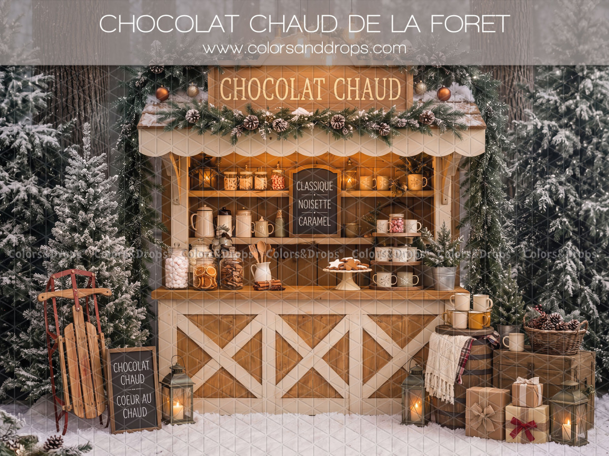 Christmas photo backdrop Chocolat Chaud de la Foret – hot chocolate stand in snowy forest | Colors&Drops
