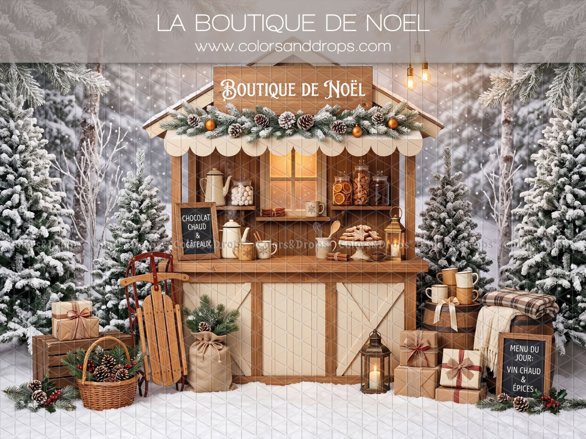 Christmas photo backdrop La Boutique de Noel – wooden Christmas shop in snowy forest | Colors&Drops