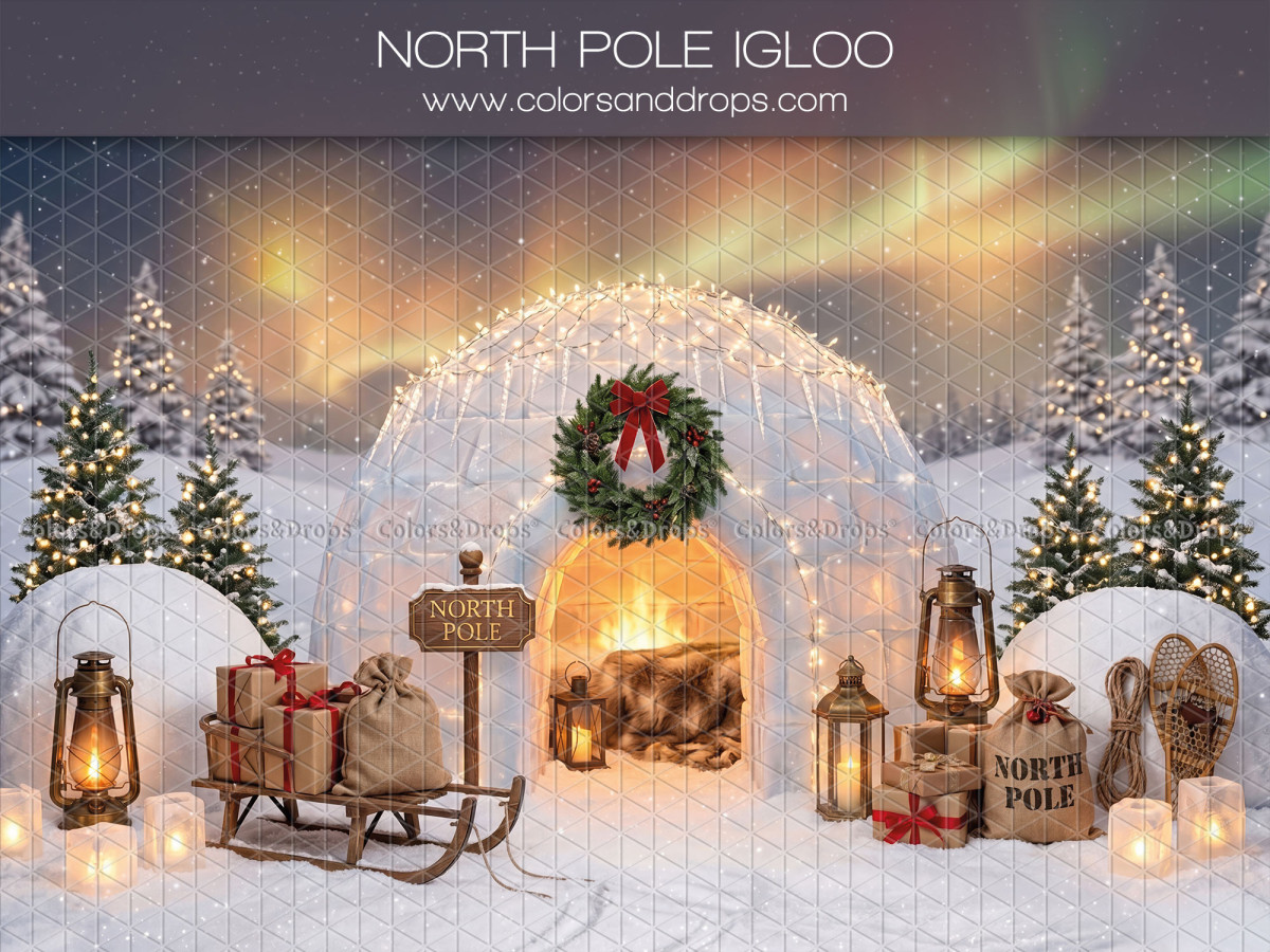Christmas photo backdrop North Pole Igloo – North Pole igloo with northern lights and sled | Colors&Drops