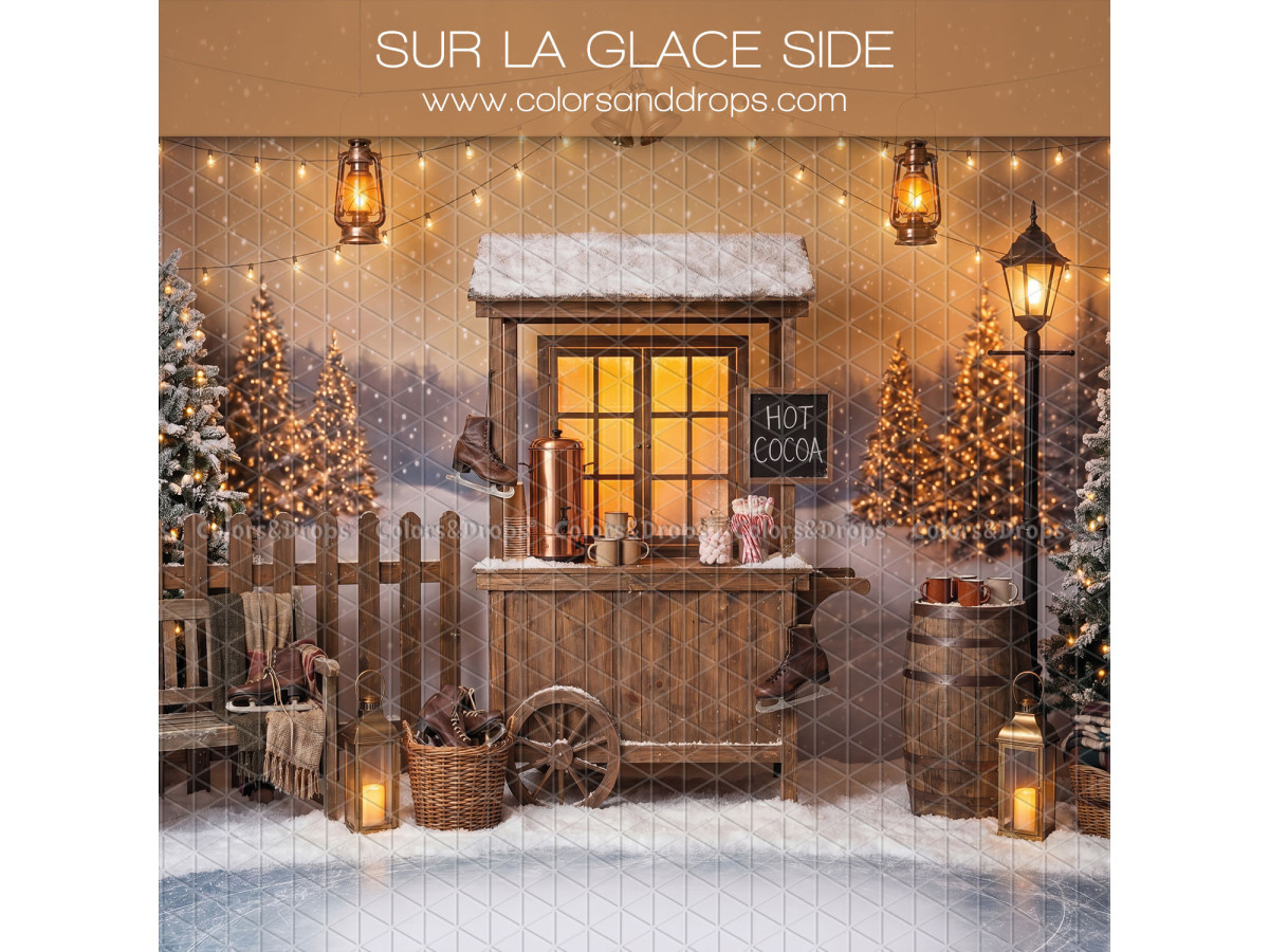 Christmas side photo backdrop Sur la Glace Side – snowy wooden stand on ice rink | Colors&Drops