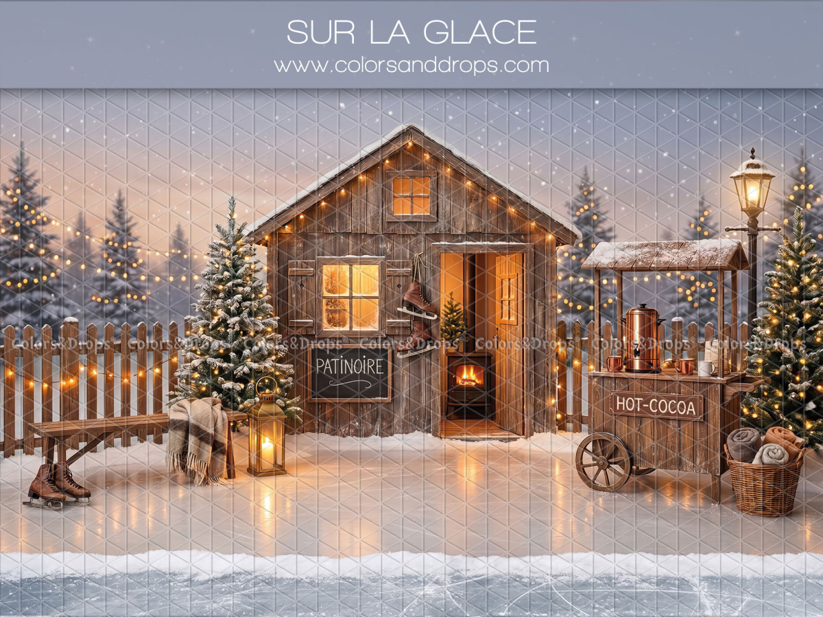 Christmas photo backdrop Sur la Glace – wooden chalet by a frozen ice rink | Colors&Drops