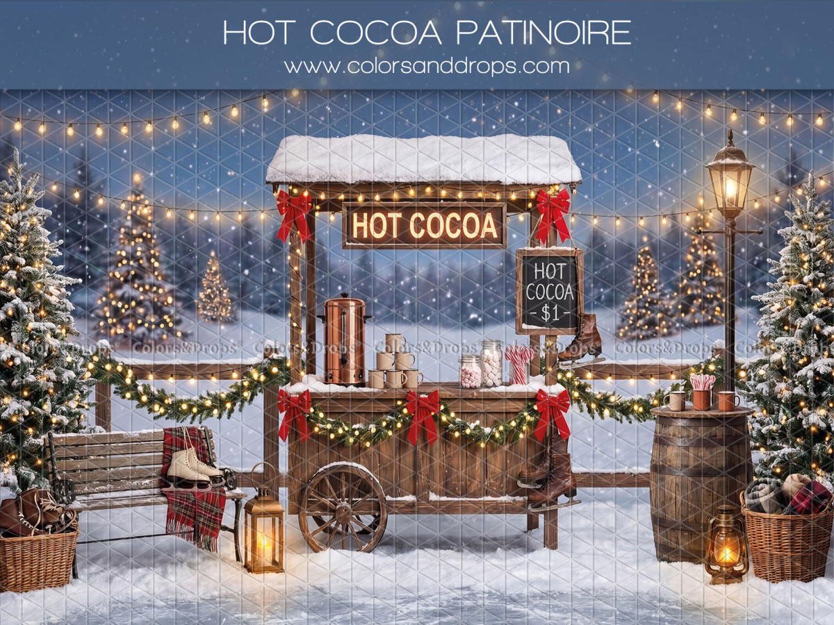 Christmas photo backdrop Hot Cocoa Patinoire – hot Cocoa stand at night with string lights | Colors&Drops