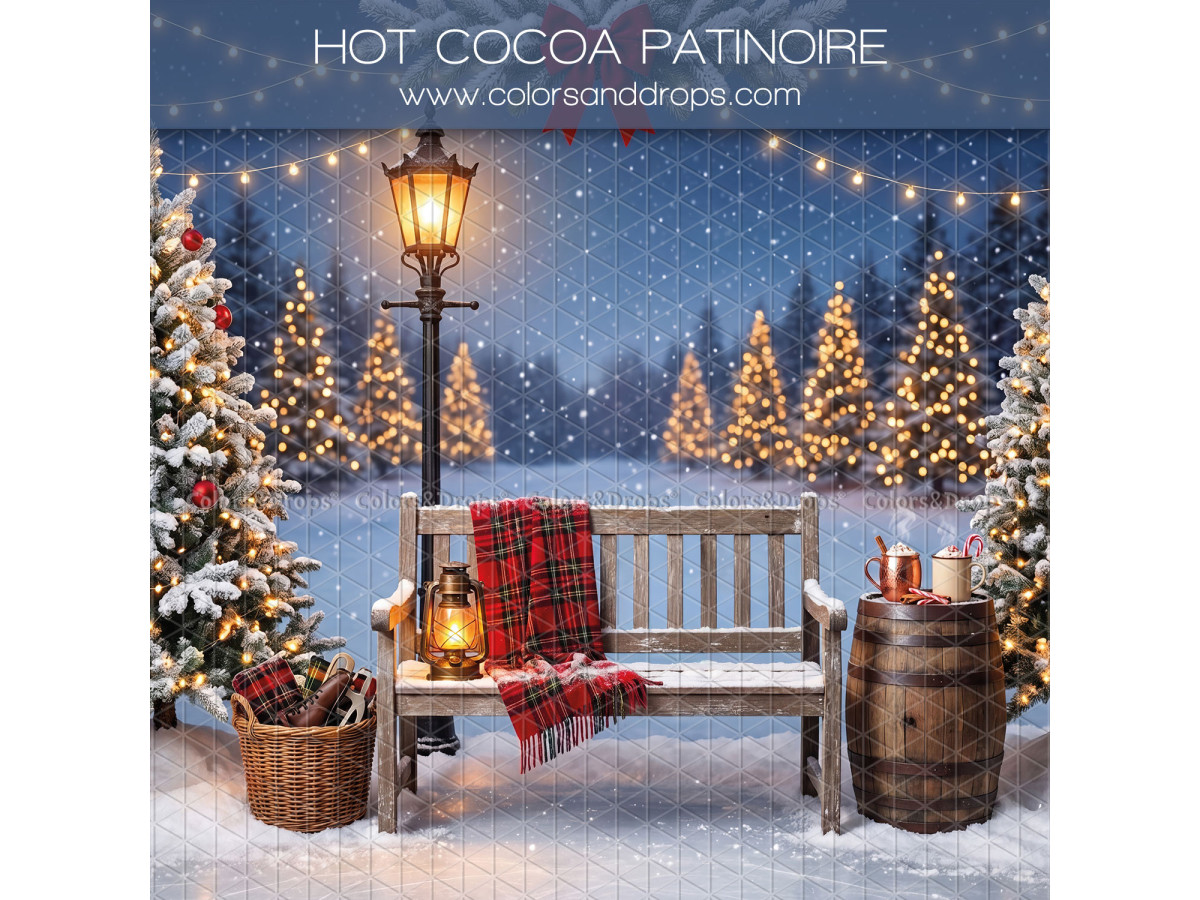 Christmas side photo backdrop Hot Cocoa Patinoire Side – snowy bench with plaid blanket and lamp post at night | Colors&Drops