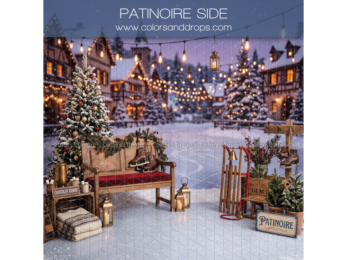 Fond photo latéral de Noël Patinoire Side – patinoire de village de Noël avec banc et luge | Colors&Drops