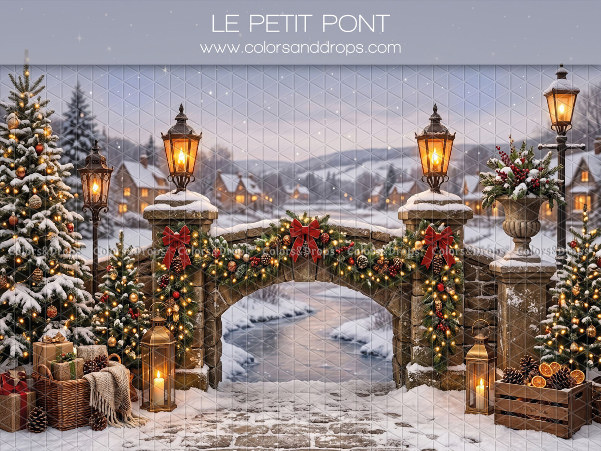 Fondo fotográfico de Navidad Le Petit Pont – pequeño puente de piedra nevado con farolas | Colors&Drops