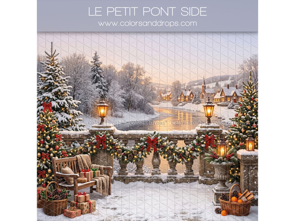 Fondo fotográfico lateral de Navidad Le Petit Pont Side – pretil de puente nevado con río y pueblo | Colors&Drops