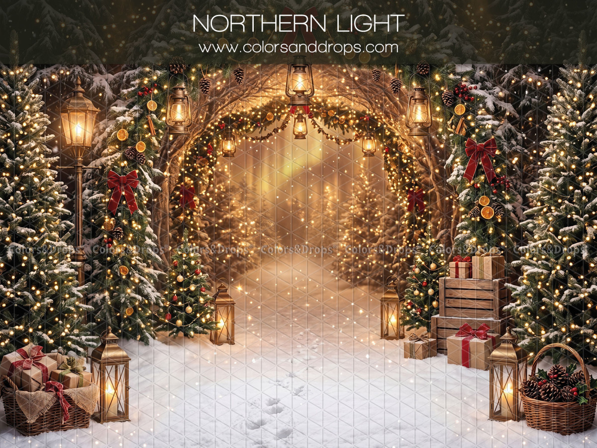 Fond photo de Noël Northern Light – arche lumineuse en forêt avec aurore boréale | Colors&Drops