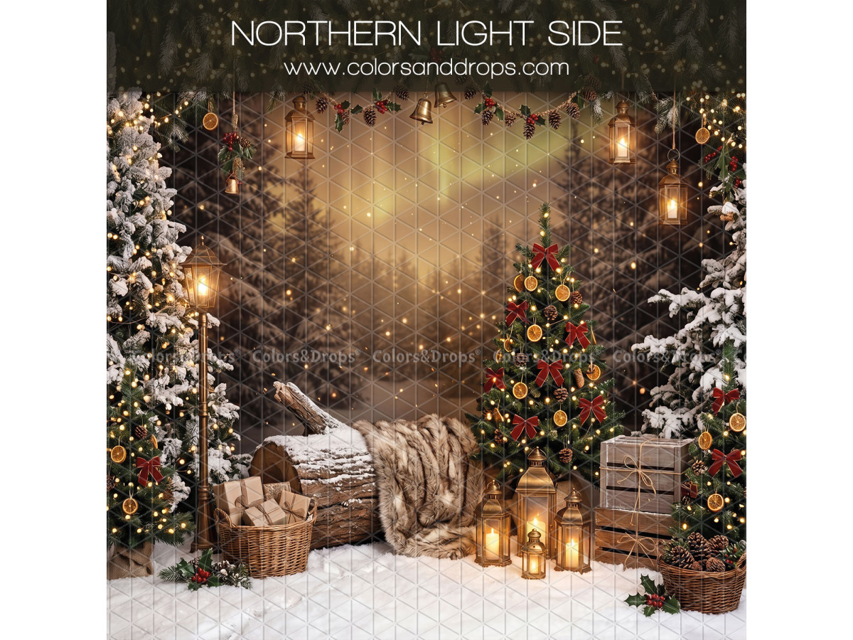 Christmas side photo backdrop Northern Light Side – snowy forest with northern lights and logs | Colors&Drops