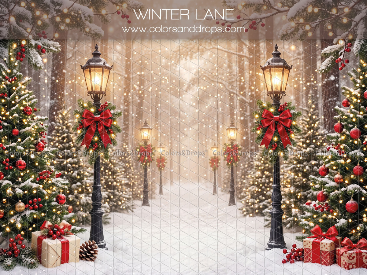 Fond photo de Noël Winter Lane – allée enneigée avec lampadaires et nœuds rouges | Colors&Drops