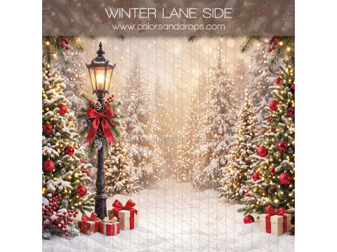 Fond photo latéral de Noël Winter Lane Side – allée enneigée avec lampadaire et sapins | Colors&Drops