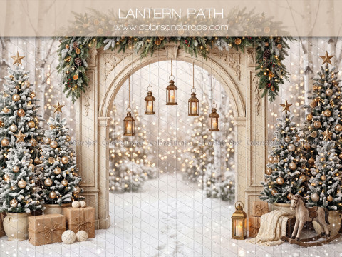 Fond photo de Noël Lantern Path – arche en pierre enneigée avec lanternes suspendues | Colors&Drops