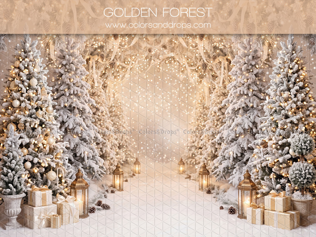Fond photo de Noël Golden Forest – forêt dorée de sapins enneigés avec cadeaux | Colors&Drops