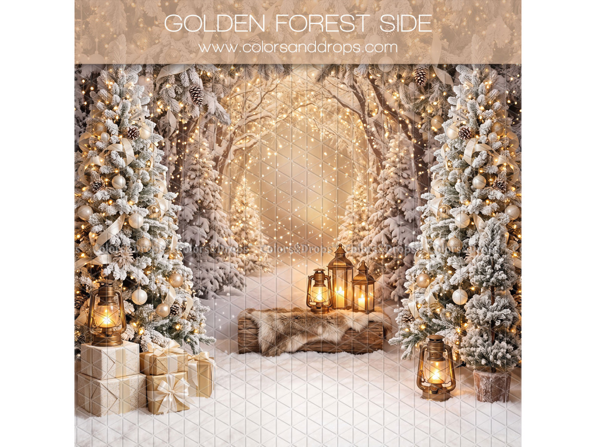 Fond photo latéral de Noël Golden Forest Side – forêt dorée enneigée avec lanternes | Colors&Drops