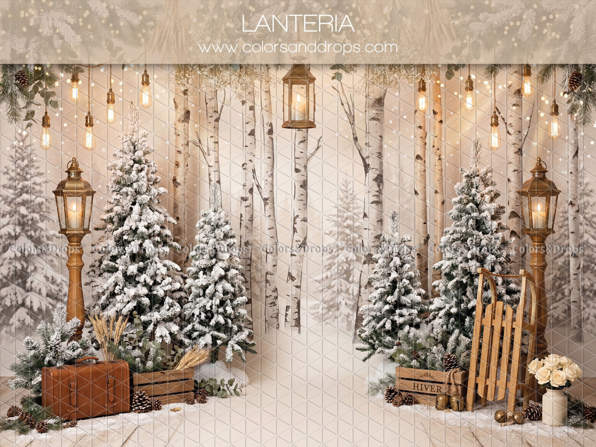 Fond photo de Noël Lanteria – forêt de bouleaux enneigée avec lampadaires et luge | Colors&Drops
