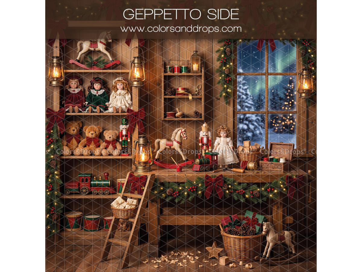 Fond photo latéral de Noël Geppetto Side – atelier de jouets avec poupées et fenêtre aurore | Colors&Drops