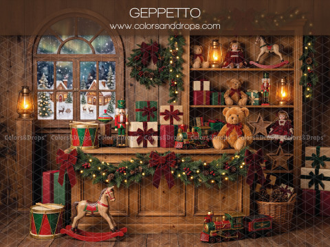 Fondo fotográfico de Navidad Geppetto – taller de juguetes de Geppetto con oso y caballo | Colors&Drops