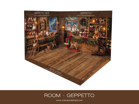 Fond photo d'angle de Noël Geppetto – atelier de jouets de Noël en coin avec parquet | Colors&Drops
