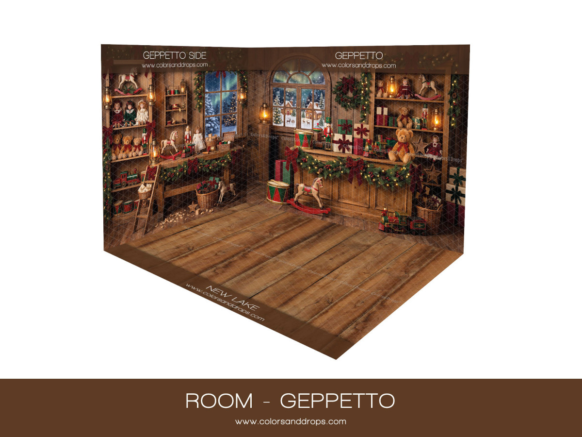 Fond photo d'angle de Noël Geppetto – atelier de jouets de Noël en coin avec parquet | Colors&Drops