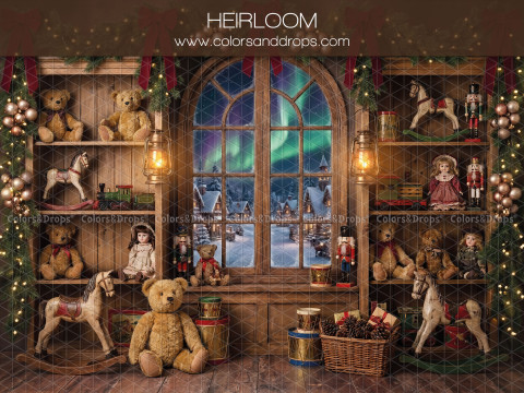 Fondo fotográfico de Navidad Heirloom – estantes de juguetes antiguos con ventana de aurora boreal | Colors&Drops