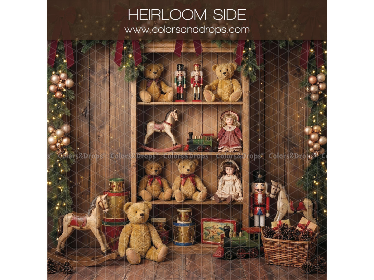 Fond photo latéral de Noël Heirloom Side – étagère de jouets anciens avec ours et casse-noisette | Colors&Drops
