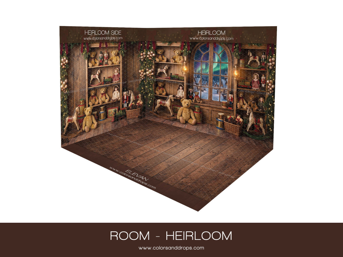 Fondo fotográfico de esquina de Navidad Heirloom – sala de juguetes antiguos en esquina con parquet | Colors&Drops