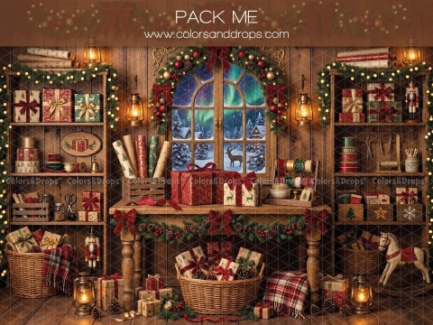 Fondo fotográfico de Navidad Pack Me – taller de envolver regalos navideño con ventana | Colors&Drops