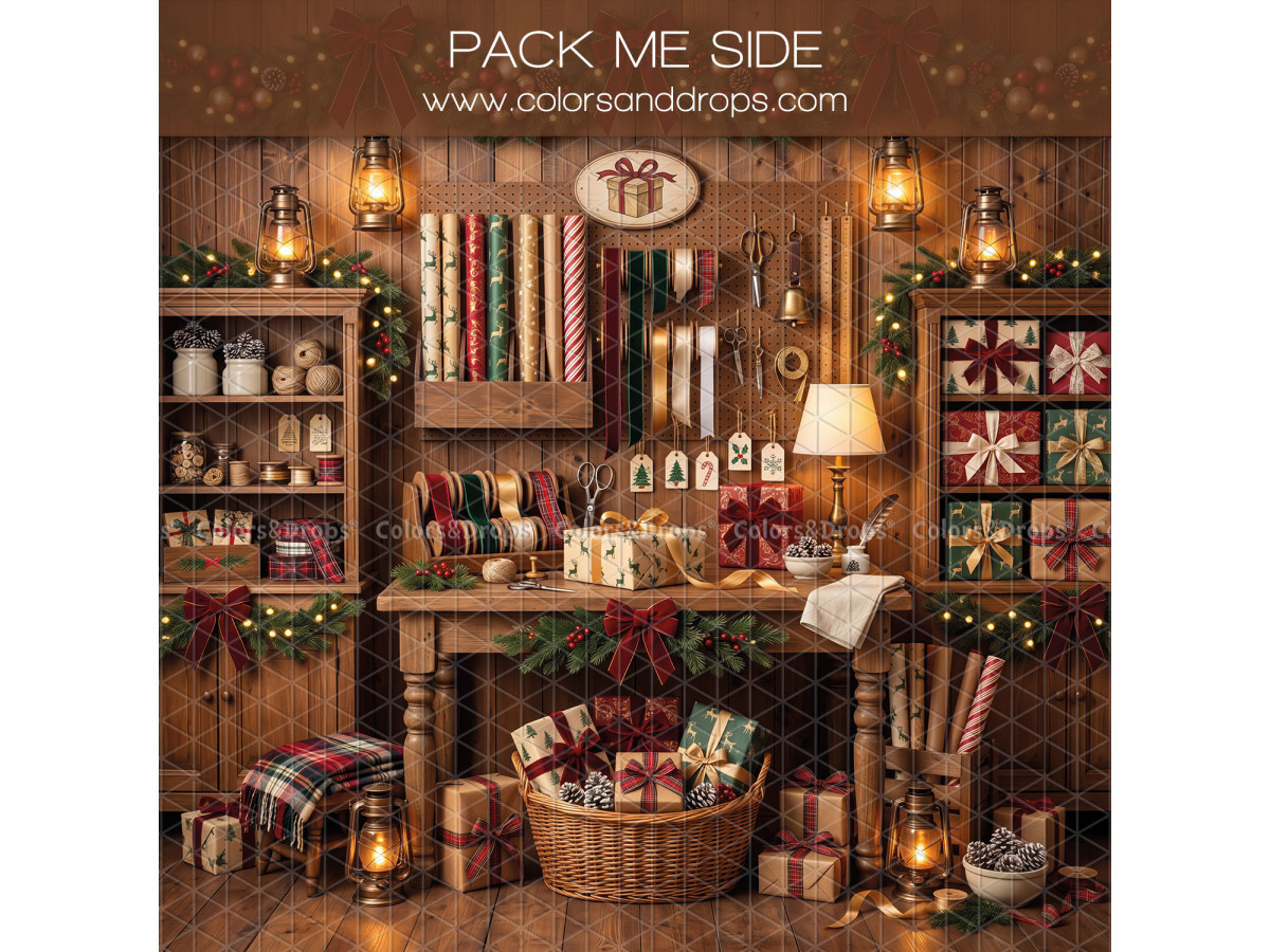 Fond photo latéral de Noël Pack Me Side – établi d'emballage avec rouleaux de papier cadeau | Colors&Drops