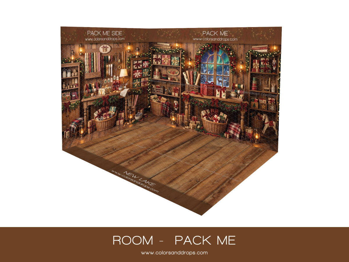 Fond photo d'angle de Noël Room Photo Pack Me – atelier d'emballage de Noël en coin avec parquet | Colors&Drops