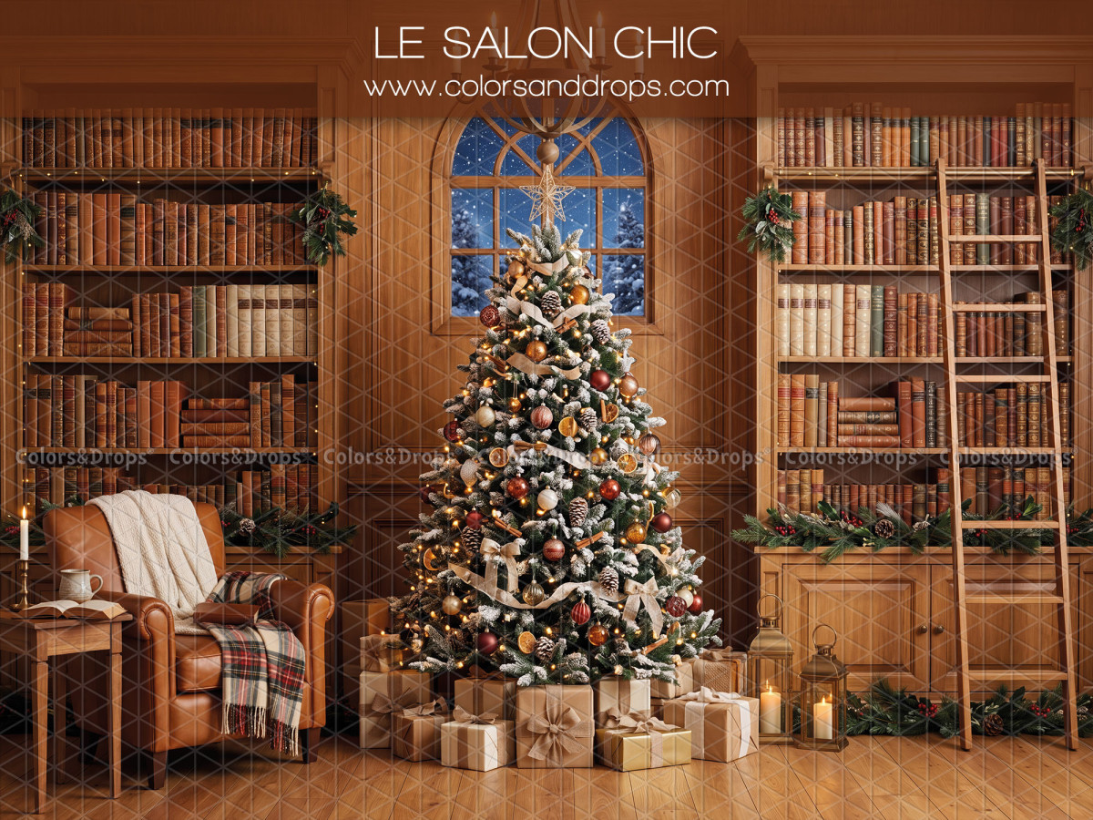 Fondo fotográfico de Navidad Le Salon Chic – biblioteca navideña con árbol, sillón y escalera | Colors&Drops